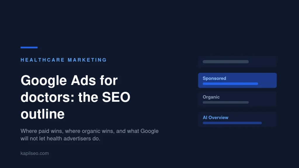 Google Ads for doctors SEO outline showing paid, organic and AI Overview results for a medical practice