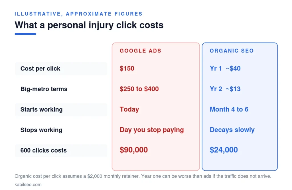 Comparison table of Google Ads cost per click versus organic cost per click for SEO for personal injury lawyers