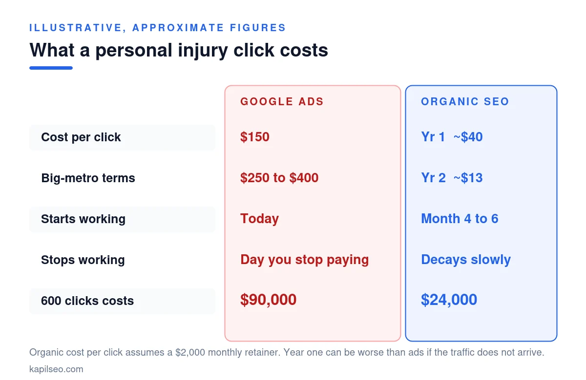 Comparison table of Google Ads cost per click versus organic cost per click for SEO for personal injury lawyers
