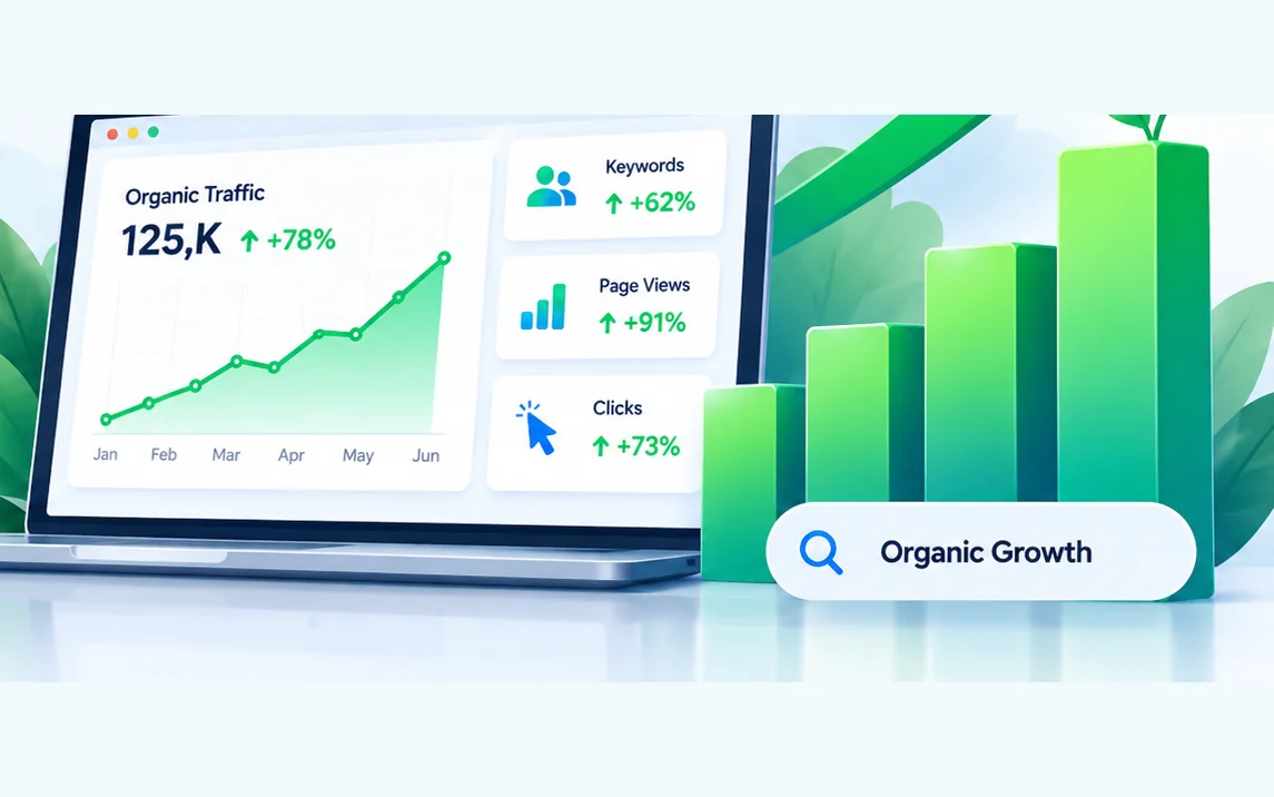 WordPress website optimization: performance dashboard showing traffic and page view gains